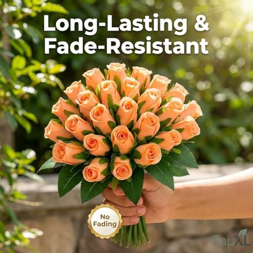 Image of Set of 24 Artificial Rose Flowers Bunches for Vase - Home Decoration Gift Items for Living Room Corner Table Top Bedroom Wedding (Pot Not Included) - 24 CM (Orange)
