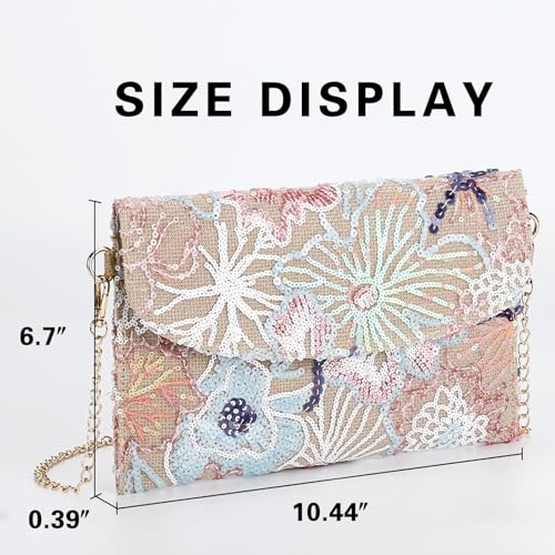Image of Clutch Purses for Women, Envelope Package, Sequin Embroidered Flowers Straw Bag, Bohemian Handmade Handbags