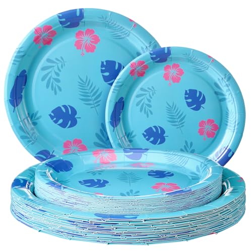Zhehao 50 Pcs Hawaiian Paper Plates 7 Inch, 9 Inch, Blue Cartoon Style