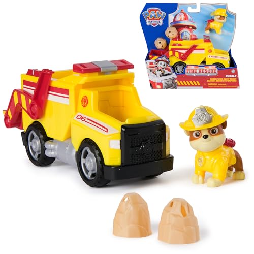 Paw Patrol – Pat Patrulha Canina – Veículo Figura de Rubble Fire Rescue Mission Bombeiros – Figura Colecionável – 2 projéteis – Patrulha Canina de Brinquedo – Carro Infantil – Brinquedo Infantil de 3