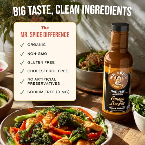 Image of Mr. Spice Ginger Stir Fry Sauce 3-Pack, Organic Salt Free, 13.5 oz Each | stir fry sauce & marinade for wok & air fryer, no salt added, low sodium, gluten free, 40.5 oz Total