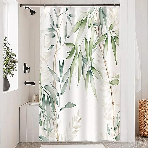 Ruelvth Green Bamboo Shower Curtain, Watercolor Green Leaves Shower Curtain for Bathroom Waterproof Fabric Spring Botanical Shower Curtain Set with Hooks, 48x72 Inch