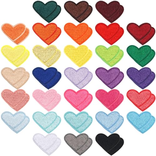 Foyods Parches de corazón para planchar, 60 piezas de parches termoadhesivos para planchar, agujeros para ropa, parches para planchar para ropa, camisetas, coloridos bordados para coser en forma de co