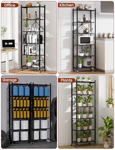 Image of ALANNG 73.6 Inch Folding Bookshelf, 6 Tier Metal Bookcase and Bookshelves | Tall Shelves for Living Room Office Bedroom, Heavy Duty Book Shelve Free Standing Open (Black, 2PACK)