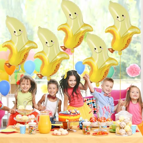 Image of AIQINHU 6 Pcs Cute Banana Foil Balloons, 28 Inch Large Cute Fruit Mylar Balloons for Banana Themed Party Decoration Birthday Baby Shower (Pack of 2)