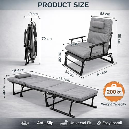 Image of 6-in-1 Adjustable Folding Bed for Adults with Cushion &Neck Pillow -6Ft Portable Recliner Camping Cot,Multi-Position Heavyduty Foldable Sleeping Bed for Home, Travel &Office Nap(200kg capacity)