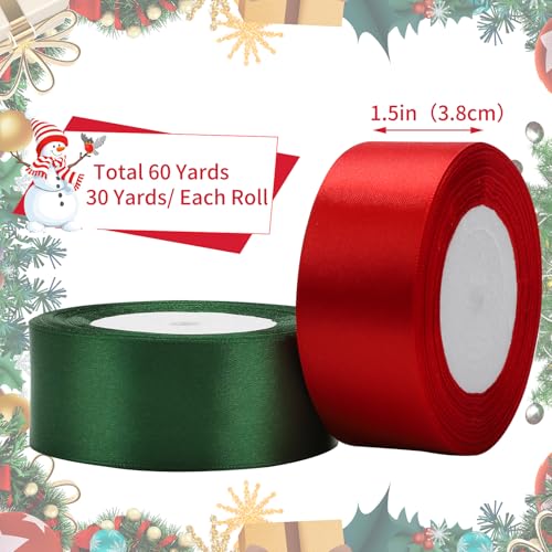 Image of woric Christmas Ribbon 1 1 /2 Inch 2 Rolls 60 Yards Green Red Polyester Satin Ribbon Holiday Ribbons for Gift Wrapping Crafts Wreath Christmas