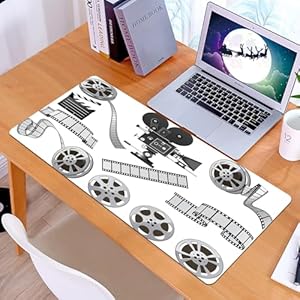KDWJS Gaming Mauspad XXL 90x40cm Mousepad Groß Vernähte Kanten Anti-Rutsch für PC,Kino, Graustufen-Illustration zum Thema Filmindustrie von Projektor-F,Laptop Verbessert Präzision und Geschwindigkeit