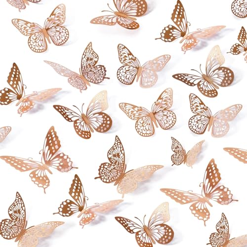 UCLEVER 48 pegatinas de pared de mariposa 3D removibles en 4 estilos, 3 tamaños para dormitorios, festivales, decoraciones de fiesta (oro rosa)