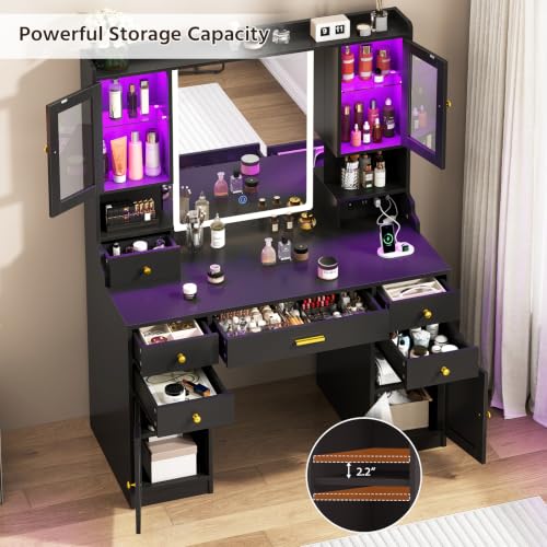 Image of CSZZD Makeup Vanity Desk with Mirror and Lights, Black Vanity Table Set with Charging Station, Dressing Table with RGB Cabinets, Makeup Vanity Mirror with Light Desk and Drawers, 3 LED Light Modes