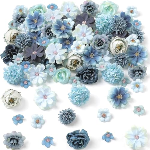 FAINCA 20 Pièces Fleurs Artificielles Deco 3-5cm Fausse Fleur Decoration Petite Tête de Fleur Artificielle Deco Fleurs en Tissu pour Saint Valentin DIY Mariage Bouquet Couronne Fête Décoration (Bleu)