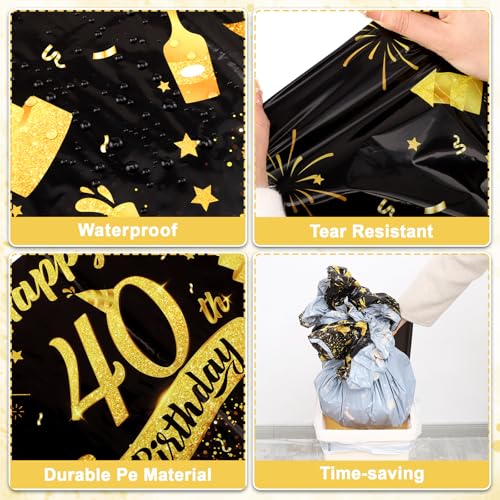 Image of NatNarr 3 Pack 40th Birthday Plastic Tablecloth, 54x108 Inch Black Gold Disposable Rectangle Table Cover Waterproof Table Cloth for Birthday 40 Anniversary Party Supplies