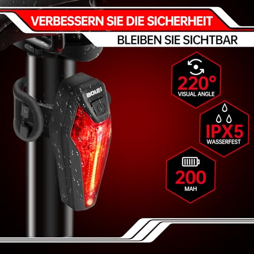 BOLEi LED Fahrradlicht Set 100 LUX,StVZO Zugelassen Fahrradlampe, Fahrradbeleuchtung USB Aufladbar, IPX5 Wasserdicht Fahrradlichter, Batterie Aufforderung schwach, Vorne Frontlicht Und Rücklicht Set