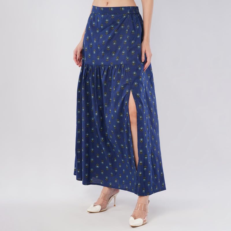 Rabhika Women’s Blue Patterned Pure Cotton Maxi Skirt, Lightweight Comfortable Long Skirt for Ethnic & Modern Wear| 2XL 3