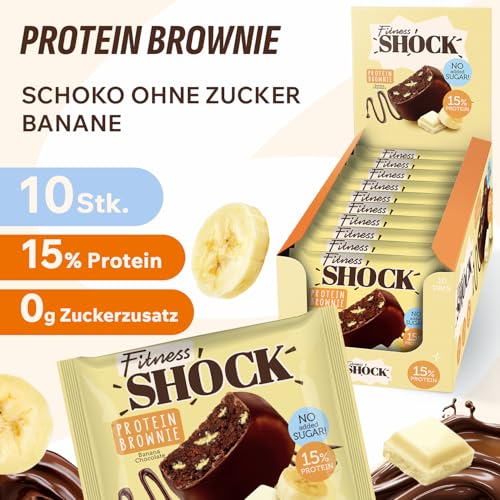 FitnesSHOCK Protein Brownie Snack ohne Zusatz von Zucker, Kekse mit 15% Eiweiß, Dunkle Schokolade, sättigende Ballaststoffe, low carb, weiche Konsistenz, 10 Stück х 50g - Banane Geschmack 2