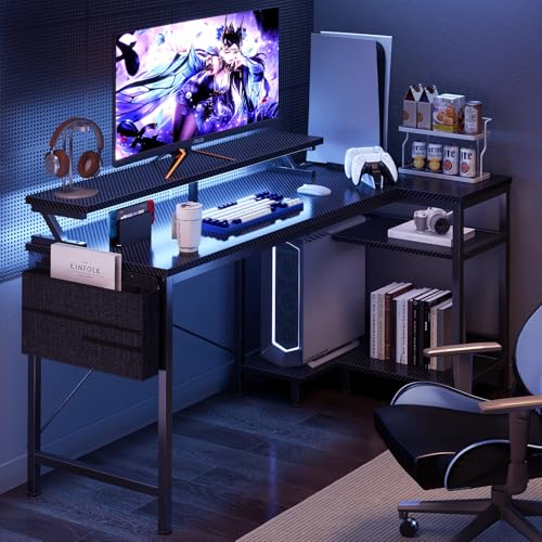 DUMOS Gaming Desk, Computer Desk with USB Charging Ports, Power Outlets, Type-C and LED Lights, Reversible L Shaped Desk with Storage Shelves & Monitor Stand for Office Gaming Room Black 48IN - Image 3