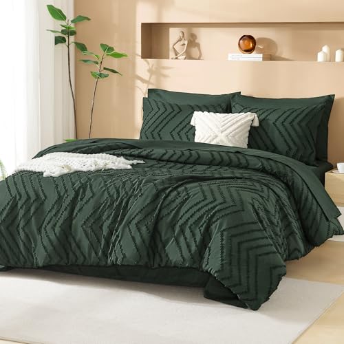 Image of Litanika Forest Green Queen Size Comforter Set with Sheets - 7 Pieces Bed in a Bag Queen Boho Tufted Complete Bedding Sets with Comforter, Sheets, Pillowcases & Shams
