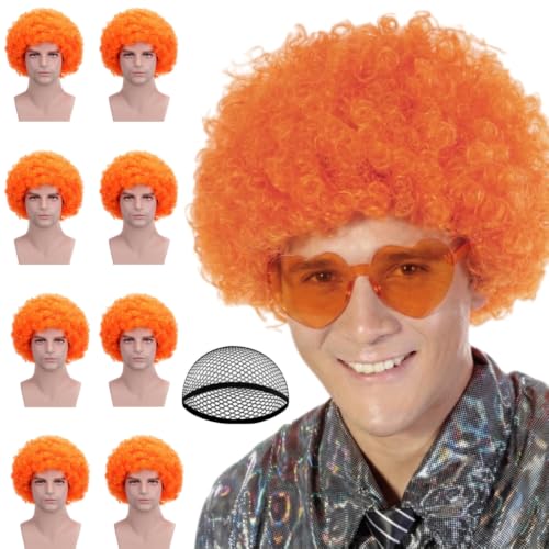 Image of FREE BEAUTY 8Pcs Orange Afro Wig with Heart Sunglasses for Women Men, Colored Short Fluffy Curly Funny Party Afro Wigs 70s 80s Disco Hair for Disco Birthday Bachelor Halloween Party Cosplay Costume