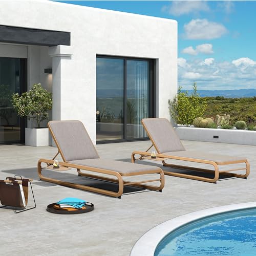 Image of PURPLE LEAF Outdoor Chaise Lounge Chairs with with Pull-Out Table Teak