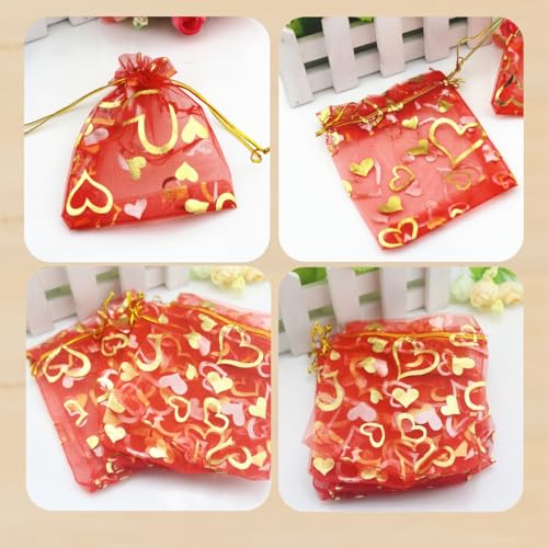 Image of QIANHAILIZZ 100 pcs 3.5 x 4.7 Inch Flower Heart Organza Jewelry Gift Pouch Candy Pouch Drawstring Wedding Favor Bags X92 (red gold heart)