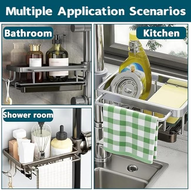 Sink Faucet Organizer Sponge Holder, Over Faucet Sink for 0.7-1.1 Round Water Pipe, Rustproof Caddy Rack, Adjustable Storage Shelf for Kitchen, Bathroom (Right Silver)