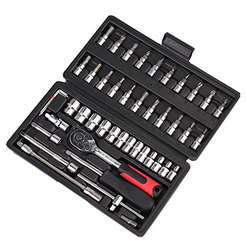 AUTOUTLET 46PCS Jeu de Douille, 1/4' Cliquet Réversible, Cliquets, Clé à Douille, Jeu d'Embouts, Poignée en T, Joint Universel, Jeu d'Ecrous de Boîtier à Cliquet avec Boîte à Outils
