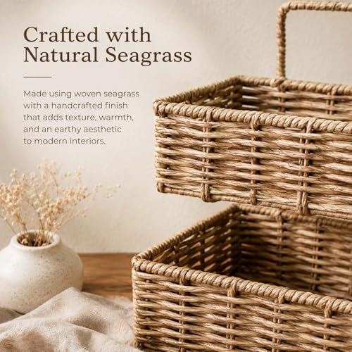 Image of Amazon Brand - Umi Handwoven Raffia Wall Hanging 2 Tier Storage Basket Organizer with 2 Self Adhesive Hooks & 4 Hooks Natural Wicker Shelf Basket for Bathroom Living Room Office (26x18.5x34 cm)