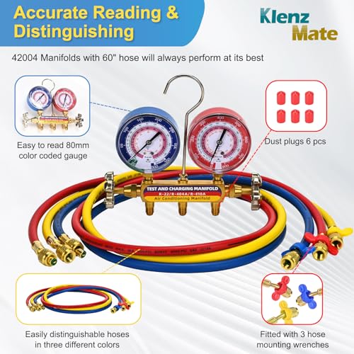 Image of 2026 Upgrade 42004 Test and Charging Manifold for R-22 /404A /410A, 60 inch Hoses | HVAC Manifold Set with 3-1 /8 inch (80 mm) Dual Gauges, 1 /4 inch Standard Flare Fitting, HVAC Color-Coded Gauges Set, 2-Valve