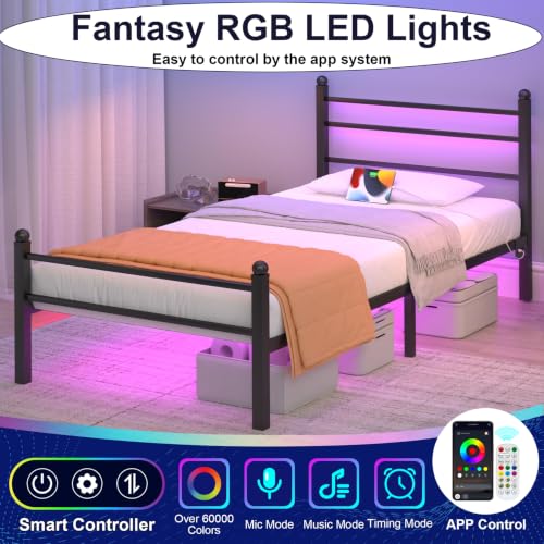 Image of J.Fkne Twin Bed Frames with LED Lights & Charging Station, Platform Bed with Headboard, Heavy Duty Metal Slats Support, No Box Spring Needed, Noise Free, Easy Assembly