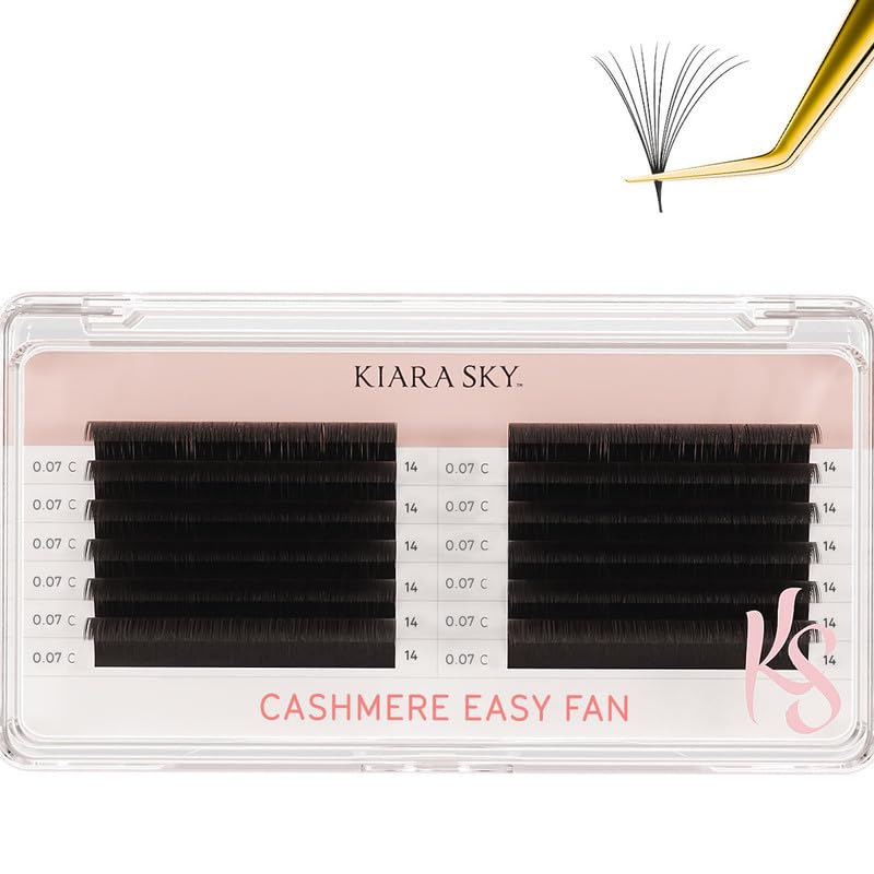 KIARA SKY LASH Premium Cashmere Easy Fan Lash Extensions | Soft Semi-matte natural finish | Fans like Butter | For Professional Eyelash Extensions Use Only | Black, (C-0.07-14MM)