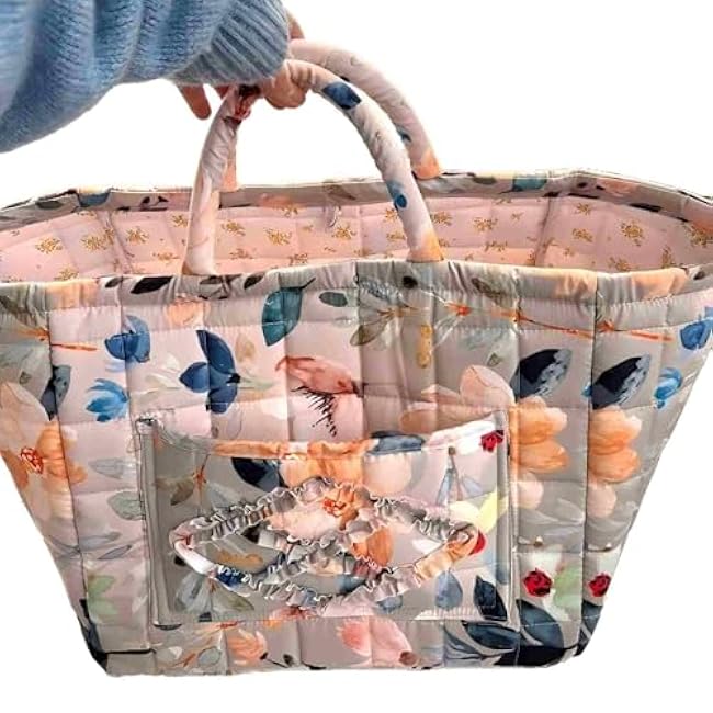Quilted Storage Basket,Large Capacity Fabric Storage Baskets,Floral Laundry Baskets,Large Capacity Folding Puffer Tote with Front Pocket and Handle for Clothes and Sundries (V)
