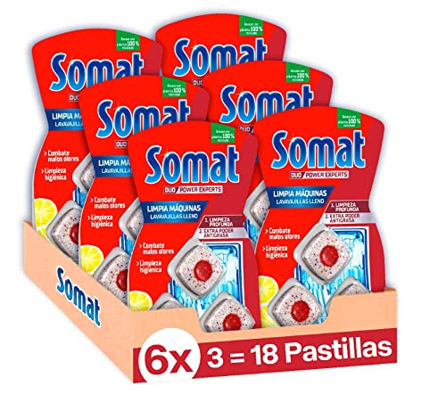 Lavavajillas Pastillas Somat Aditivo Lavavajillas Pastillas Limpia Máquinas (pack de 6, total: 18 dosis), limpia lavavajillas con foco antigrasa,...