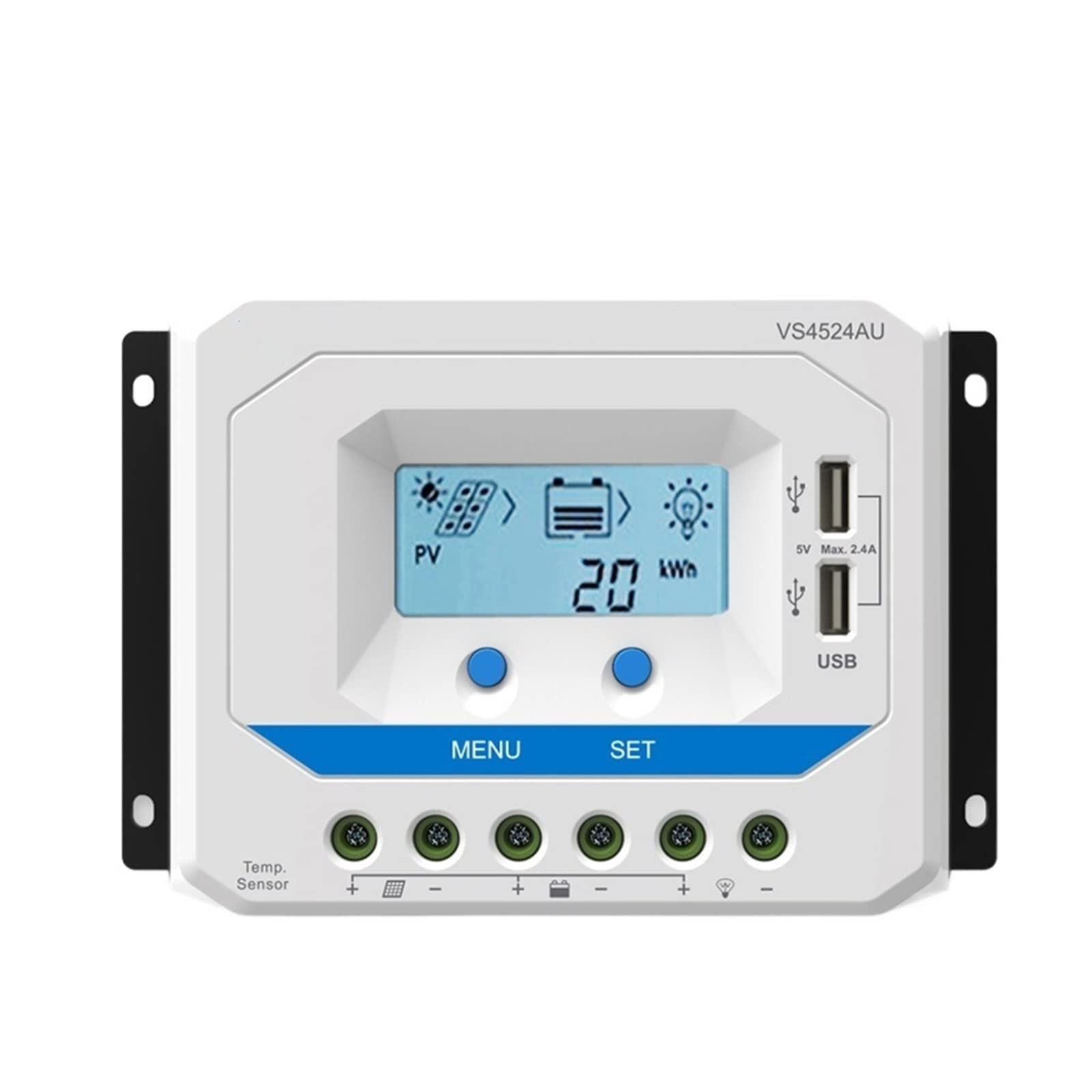 Regolatore Solare, Regolatore di carica solare 45A 12V 24V Auto VS4524AU Regolatore di carica PWM con display LCD integrato e doppia porta USB 5V