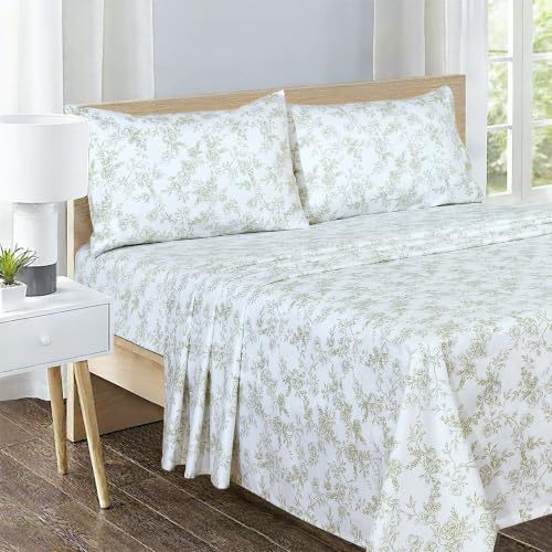 Image of Feather & Stitch Printed 500 TC Split King Size Sheet Set, 5 Piece Bed Sheets Set, 2 Twin Fitted Sheet, 1 King Flat Sheet & 2 King Pillowcases, 18 inch Deep Pockets Sateen Weave - Green Floral Toile