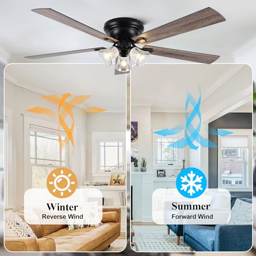 Image of Dawn Whisper 60 Inch Farmhouse Flush Mount Ceiling Fans with 3 Lights Bulbs Base Vintage Low Profile Ceiling Fan for Living Room Bedroom