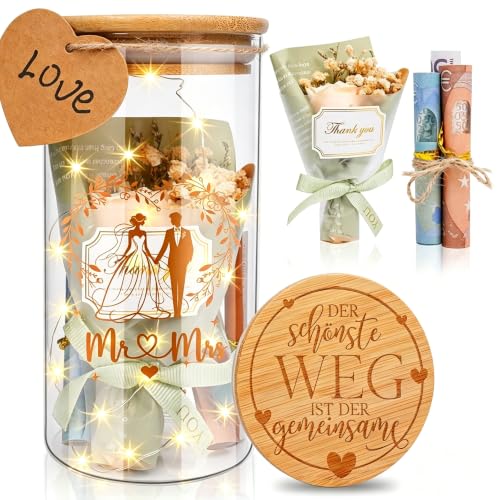 Hochzeitsgeschenke für Brautpaar LED Flaschenlicht Hochzeit Geldgeschenk mit Trockenblumen Anhänger und LED-Leuchten Just Married Spardose Hochzeitsgeschenk Geld (Hochzeit 3)