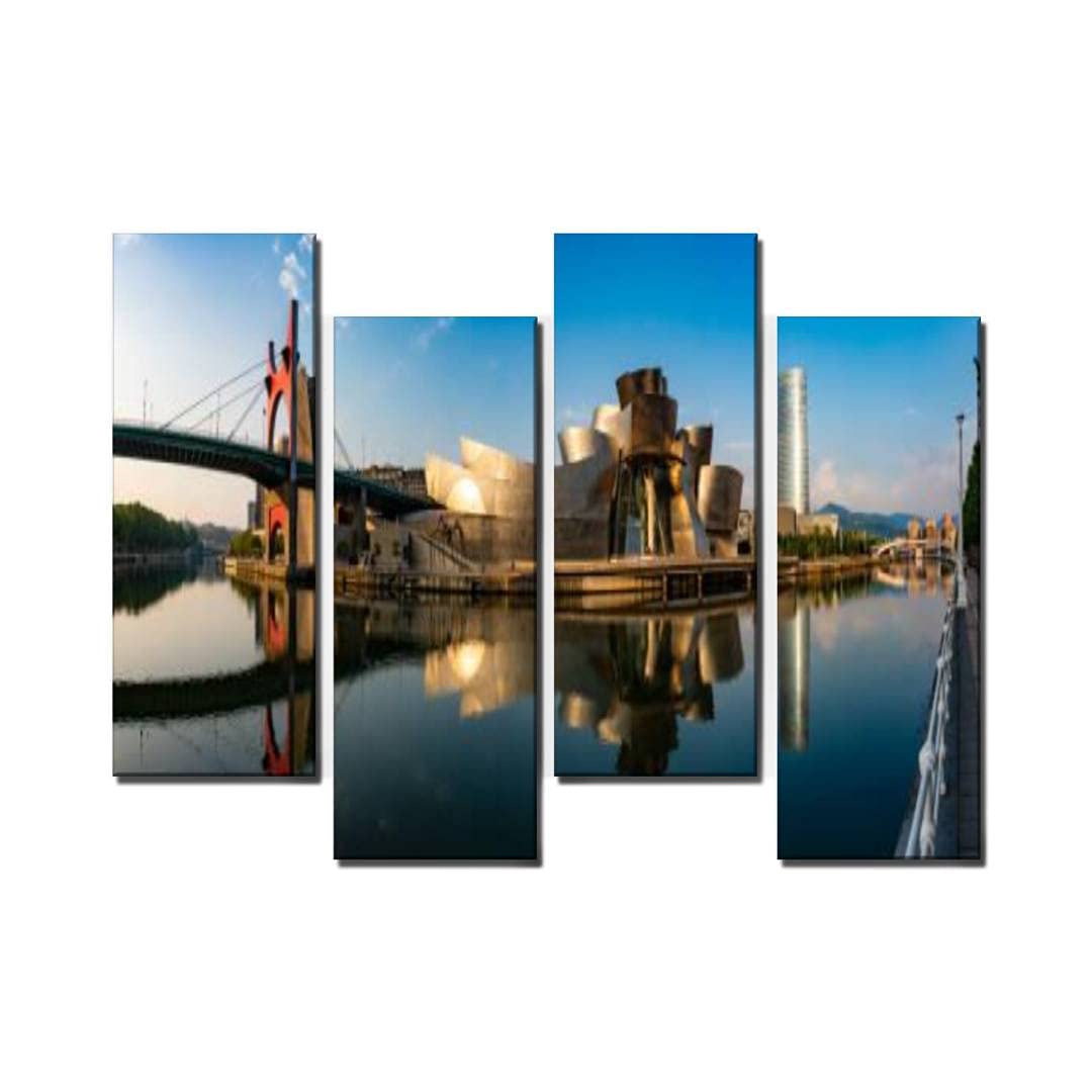 4 Panel Canvas Pictures Panoramic view of the Guggenheim Museum Bilbao reflected in the Bilbao Home Decor Gifts Canvas Wall Art for your Living Room