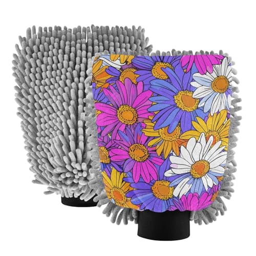 IOACIY Absorbent Microfiber Car Wash Drying Mitts, 2 Pack, Scratch-Free & Lint-Free, Rich Foam, Highly Absorbent, Double Sided, Wash Mitt Perfect for Car Washing, M, Daisy (1)