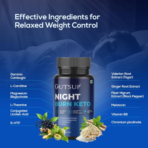 Image of Outsup Night Burn Keto | Fat Burner During Sleep | Reduce Stress & Improve Sleep with Garcinia Cambogia, L-Carnitine & Melatonin | Weight Loss Products for Women and Men | 30 Tablets (Pack of 1)