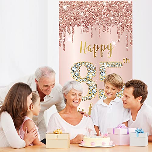 Image of 85th Birthday Door Banner Decorations for Women, Pink Rose Gold Happy 85 Birthday Door Cover Sign Party Supplies, Large 85 Year Old Birthday Poster Background Photo Booth Props Decor