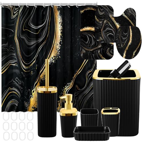 Patelai 10 Pcs Black Marble Bathroom Accessories Set Black and Gold Shower Curtain and Rugs Modern Marble Farmhouse Bathroom Decor Trash Can Soap Dish Toilet Lid Cover Toothbrush Holder Cup for Home