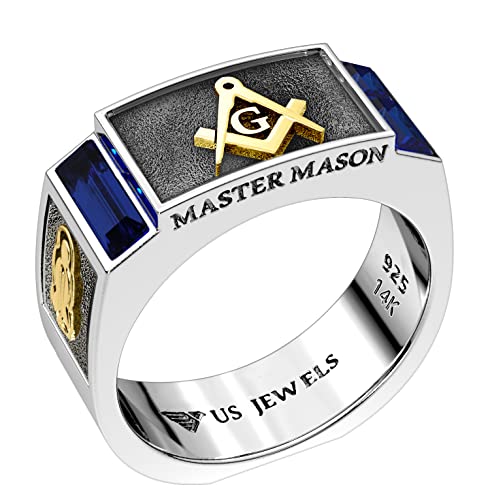 US Jewels And Gems Men's 8mm Two Tone 0.925 Sterling Silver Blue Lodge Master Mason Simulated Sapphire Ring Band, Size 8 to 13