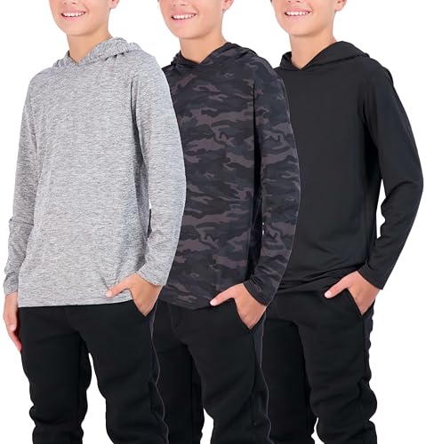 Real Essentials 3 Pack: Dry-Fit Youth Boys Teen Active Long Sleeve Hoodie Sweatshirts - Hooded Pullover Shirts
