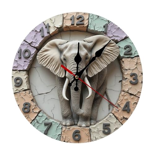 Image of 2D Elephant Wall Clock Resin Crafts Home Decor 10 Inch Silent Wall Clock Battery Operated, Frameless Wooden Round Clock with Quartz Movement for Bathroom, Kitchen, Living Room, Bedroom