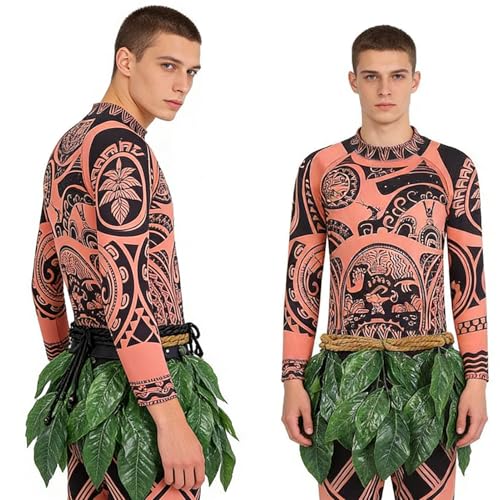 YDUNARISE Dschungel Kostüm Herren mit Druck Oberteil Hose Blätterrock Halskette Safari Kostüm Empfohlen für 176-186cm Faschingskostüme für Karneval Mottoparty