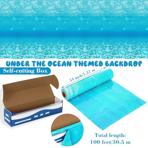 Image of 1 Roll 1200 X 54 Inch Under The Ocean Tablecloth Slide Cutter Box Disposable Backdrop Mermaid Table Cover Sea Waves Bulletin Board Plastic for Water Beach Theme Birthday Party babyshower Decor