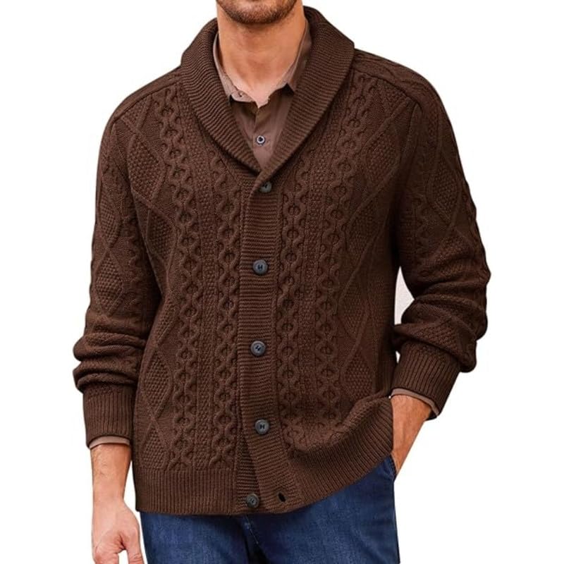 bifanxi Men's Cable Knit Shawl Collar Cardigan Sweater with Buttons for Autumn and Winter | Dark Brown | M-picture-44