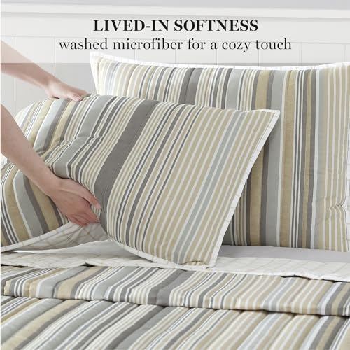 Image of Martha Stewart - Full Queen Size Quilt Bedding Set - 3 Piece, Soft Washed Microfiber, Printed Bedspread, Reversible, All Season, 1 Quilt, 2 Standard Pillow Shams, Gray & Khaki, Lefferts Stripe Print