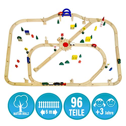 messefix 96 Teile XXL Holzeisenbahn Set - 6m Eisenbahn mit Schienen - Holz Eisenbahn Kinder Zug Spielzeug - Holzspielzeug Zug Holzzug Set - Holzeisenbahn für Kinder - Holzschienen Eisenbahn Zubehör – Bild 4