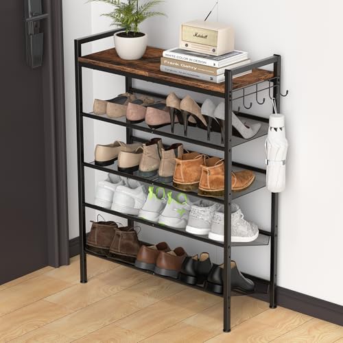 Refrze Shoe Rack for Front Door Entrance, 5 Tier Height-Adjustable Metal Shoe Rack, Sturdy Wooden Top and Tiltable Steel Frame Heavy Duty Shoe Organizer for Bathroom,Bedroom,Kitchen,Include Hook